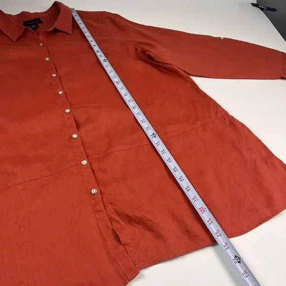 Tahari Linen Button Up Tunic Top Sz 3X Orange Lagenlook Lagom Long Sleeve Boho - Picture 6 of 10